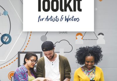 Social Media Toolkit. The cover of Creative Future's social media toolkit for artists and writers, showing three people accessing social media on their smart mobile phones,